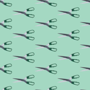 Düz katmanlı, kusursuz makas deseni. Ofis malzemeleri için makas konsepti, dikiş, el işi, mutfak gereçleri, kuaför, güzellik salonu..