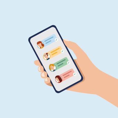 Kısa mesajlar, simgeler ve simgeler içeren el ele tutuşan telefonlar. Arkadaşlarla sohbet etmek ve yeni mesajlar göndermek. Akıllı telefon ekranı düz tasarım vektör illüstrasyonunda renkli konuşma balonları kutuları.