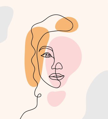 Devamlı çizgi, kadın yüzü çizimi, moda konsepti, kadın güzellik minimalisti geometrik karalama, soyut unsurlar pastel renkler. Sürekli çizilen bir çizgi. vektör illüstrasyonu