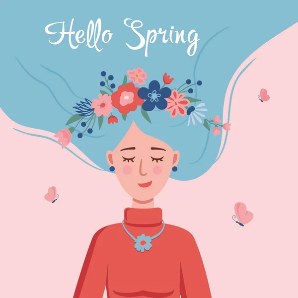 Привет Весна Счастливая Девушка Мечтает Весне Венком Цветов Волосах Симпатичная — стоковый вектор