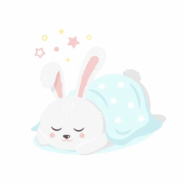 毛布ベクトルフラットイラストで覆われた面白いウサギの睡眠 可愛い眠いウサギが白い上に隔離された甘い夢を持って横たわっている 子供のカラフルな動物のリラックス — ストックベクタ