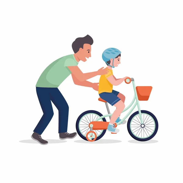 Baba oğluna bisiklet sürmeyi öğretiyor. Vektör düz resimleme