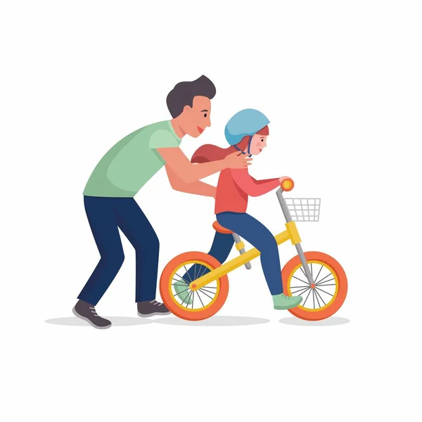 Far Lär Sin Dotter Att Cykla Vektor Platt Design Illustration — Stock vektor