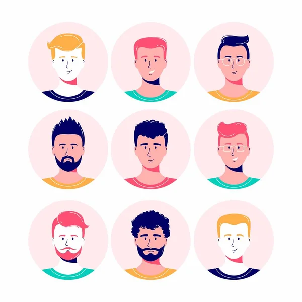 Homens Sorridentes Avatar Set Coleção Personagens Caras Diferentes Ilustração Vetorial — Vetor de Stock