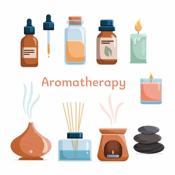 Ícone Aromaterapia Conjunto Com Óleos Essenciais Para Spa Massagem Garrafas — Vetor de Stock