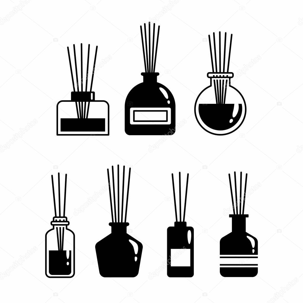 Aromatherapy sticks in a glass bottle, vector set of black diffuser icons on white background