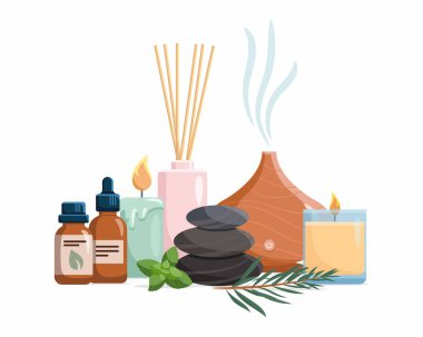 Temel yağlı aromaterapi aksesuarlarıyla kompozisyon. Aroma lambası, difüzör, temel yağ, taşlar ve aromatik çiçekler. Beyaz arkaplanda vektör illüstrasyonu.