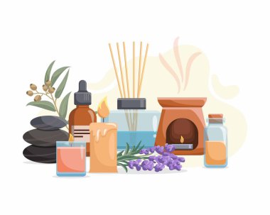 Temel yağlı aromaterapi aksesuarlarıyla kompozisyon. Aroma lambası, difüzör, temel yağ, taşlar ve aromatik çiçekler. Beyaz arkaplanda vektör illüstrasyonu.
