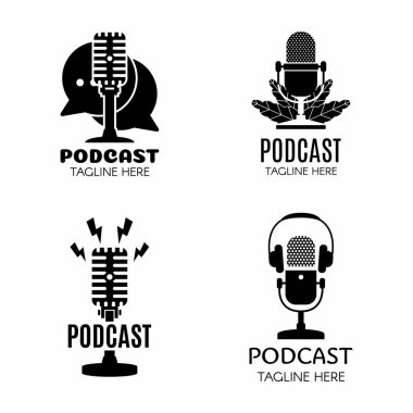 Podcast yaratıcı tasarım siyah logo vektör konsepti. Podcast logo şablonu oynat. Simge simgesi