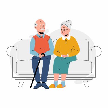 Evdeki kanepede oturan yaşlı çift. Aşık, emekli, yaşlı bir çift. Büyükanne ve büyükbaba kanepede oturan mutlu arkadaşlar. 
