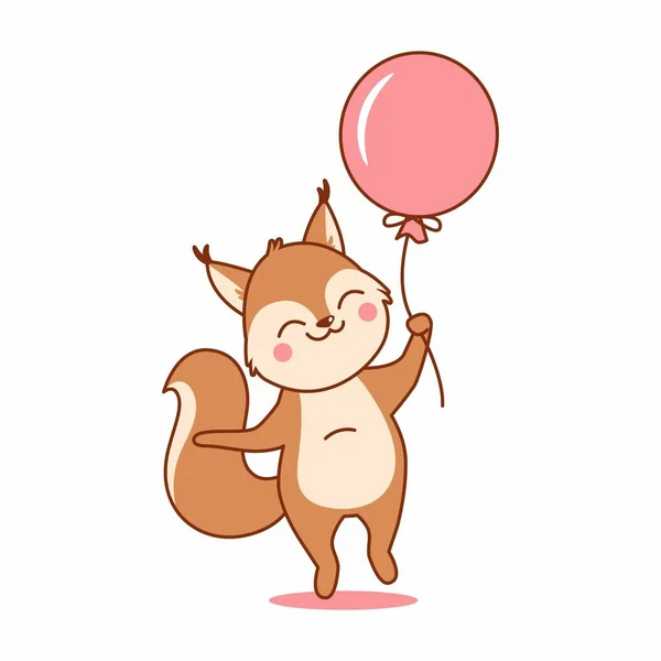 Cute Squirrel Holding Balloon Cartoon Vector Icon Illustration Logo Kartun - Stok Vektor