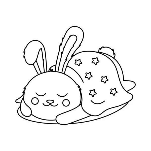 Battaniyenin altında uyuyan komik tavşan. Boyama kitabı için siyah beyaz illüstrasyon