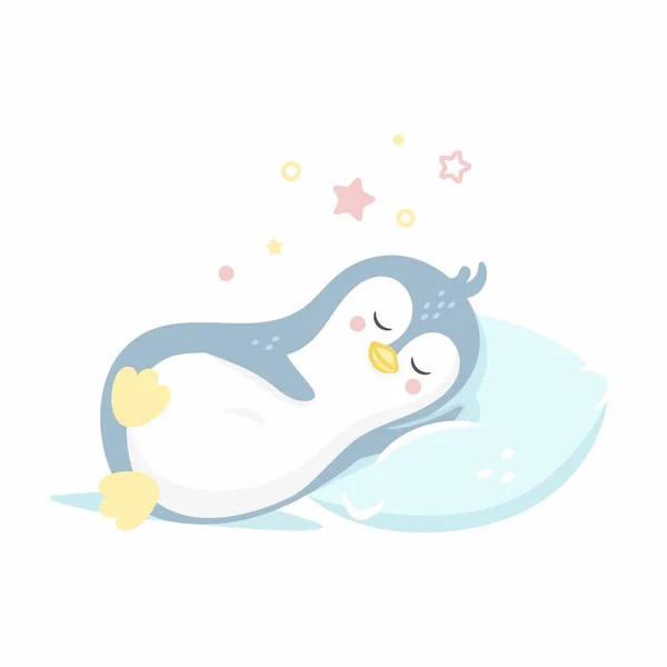 Penguin Yang Lucu Tidur Atas Bantal Kartun Ikon Vektor Ilustrasi - Stok Vektor