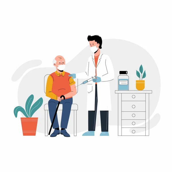 Klinikte yaşlı bir adama koronavirüs aşısı yapan bir doktor. Bağışıklık sistemi için konsept çizimi. Yetişkinlerin bağışıklığı, çovid aşısı. Düz illüstrasyon beyaz arkaplanda izole edildi