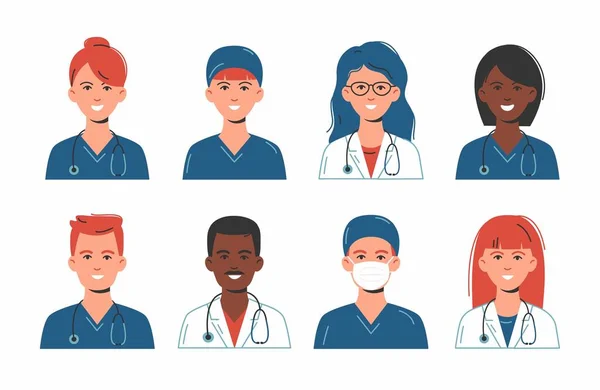 Orvosok Nővérek Avatarok Orvosi Maszkban Orvosi Dolgozói Arcok Csoport Férfiak — Stock Vector