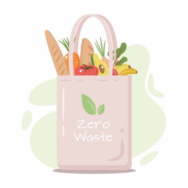 Beyaz arka plandan izole edilmiş sebzeli tekrar kullanılabilir market eko torbası. Sıfır Atık (Plastiğe Hayır deyin) ve gıda konsepti. Vektör