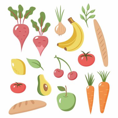 Set of fresh healthy vegetables, fruits and grocery. Flat design. Organic farm illustration. Healthy lifestyle vector design elements.