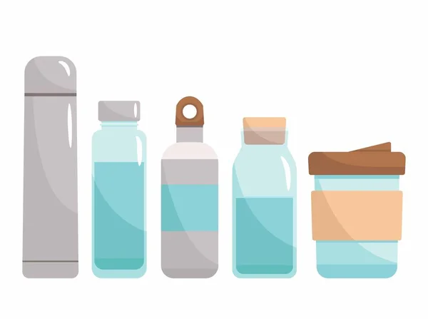 把你的水瓶 可回收的玻璃瓶或金属瓶 向量图以平板格式显示 零废物概念 合理消费 零塑料 — 图库矢量图片