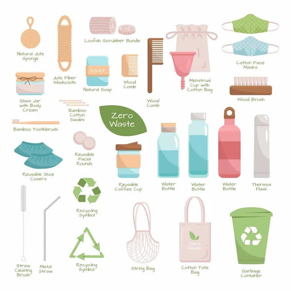Duży Zestaw Recyklingu Odpadów Zerowych Produktów Wielokrotnego Użytku Idź Zielony — Wektor stockowy