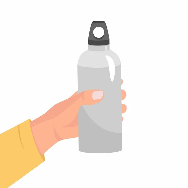 装卸工拿着一个可重复使用的水瓶 世界环境日和地球日的概念 无色金属瓶 手里拿着饮料 零浪费平面插图 手拿着酒瓶的人 — 图库矢量图片