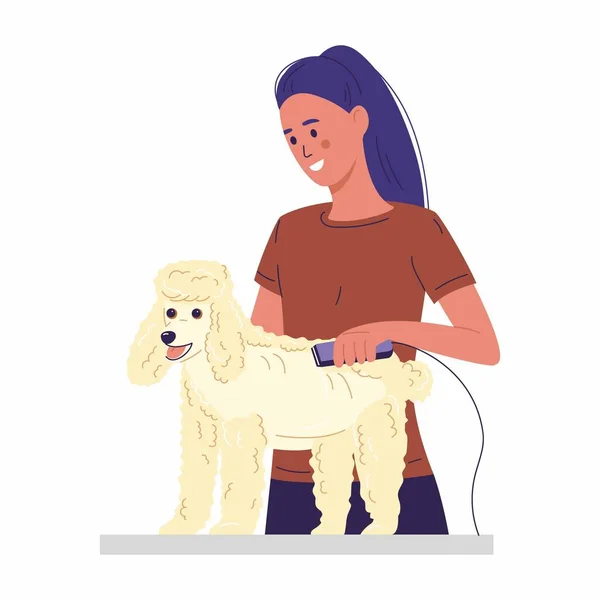 Περιποίηση Για Κατοικίδια Ζώα Γυναίκα Κόβει Γούνα Σκύλου Κανίς Στο — Διανυσματικό Αρχείο