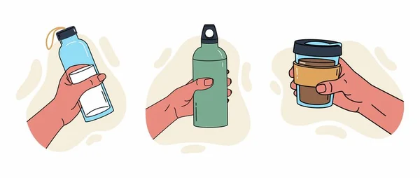 可重复使用的液体容器 各种姿势的手拿着瓶子 翻筋斗 运动水瓶 用你自己的瓶子 彩色矢量示意图 — 图库矢量图片