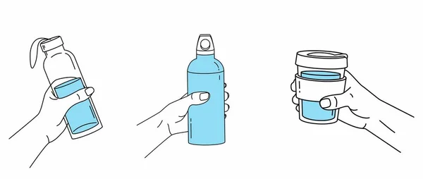 可重复使用的液体容器 各种姿势的手拿着瓶子 翻筋斗 运动水瓶 用你自己的瓶子 概要矢量说明 — 图库矢量图片