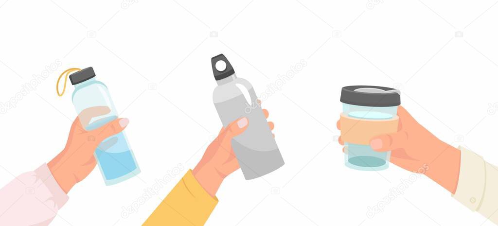 Reusable container for liquids. Various poses of hands holding a bottle, tumbler, sports water bottle. Use your own bottle. Vector, flat illustration.