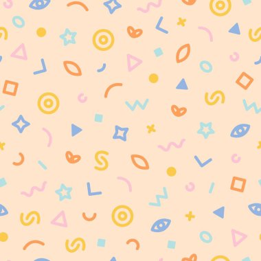 Memphis tarzı kusursuz bir model. Geometrik elementler ve şekillerle soyut vektör illüstrasyonu.