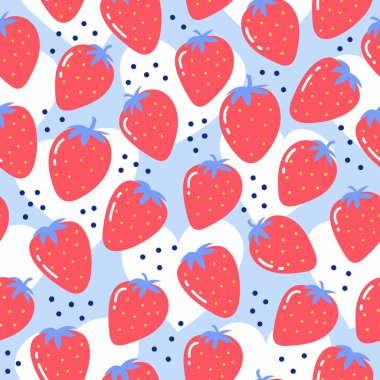 Mavi arka planda tatlı kırmızı çilek deseni. Hediye kartı, meyveli ünlüler için tasarım. Tatil posteri, tebrik afişi, moda tişört baskısı. Çocuk geçmişi