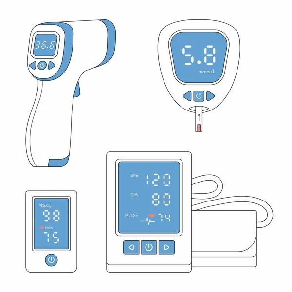 Conjunto Línea Icono Dispositivo Médico Tonómetro Glucómetro Oxímetro Pulso Termómetro — Archivo Imágenes Vectoriales