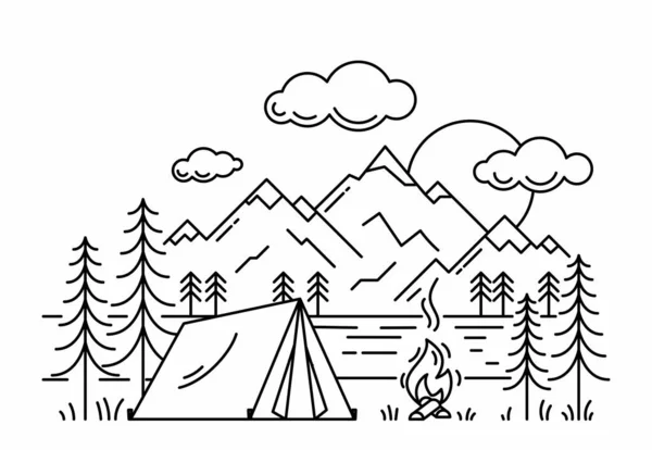 Camping tent in forest at the river outline vector illustration. Black linear campsite isolated on white background. Outdoor recreation in woods and at the river.