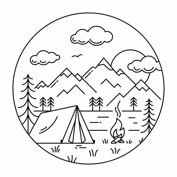 营帐在森林中的河流轮廓上的矢量画成圆形 白色背景上隔离的黑色线性营地 森林和河边的户外娱乐活动 — 图库矢量图片