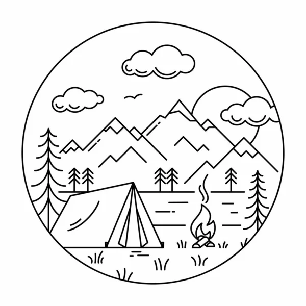 Camping tent in forest at the river outline vector illustration in circle. Black linear campsite isolated on white background. Outdoor recreation in woods and at the river.