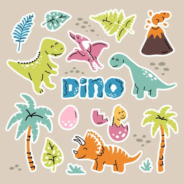 Sticker Jeu Dessin Animé Dinosaure Collection Reptiles Plats Prédateurs Herbivores — Image vectorielle