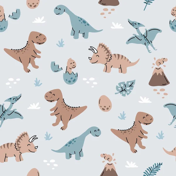 Dinosaurs Seamless Pattern Cartoon Scandinavian Style Children Pattern Dinos Eggs — Stock Vector