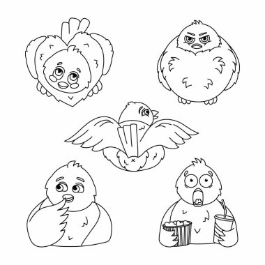 Çizgi film ispinozları farklı duygulara sahip kuşlardır. Kuşların el çizimi çizimi vektör çizimi. Bir grup ispinoz. Renk sayfası