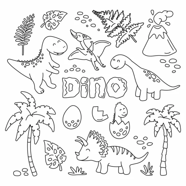 Taslak Koleksiyonunda Sevimli Dinozorlar Tropik Bitkiler Komik Karikatür Dino Seti — Stok Vektör