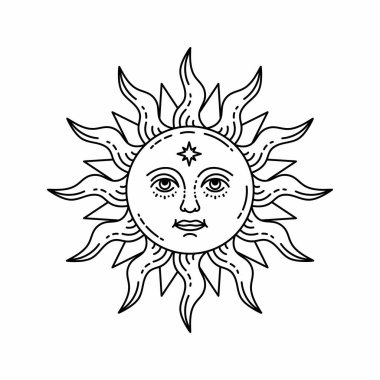 Güneşin göksel çizimi, yüzü ve açık gözleri, stilize çizimi, tarot kartı. Tasarım, logo ve dövme için mistik bir unsur. Beyaz arkaplanda vektör çizimi izole edildi. Bohem illüstrasyonu