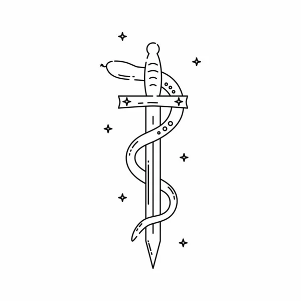 中世の刀と毒蛇をヴィンテージスタイルでラインコンセプト タトゥー タロットカード 印刷のためのデザイン組成物 白を基調としたレトロベクトルイラスト — ストックベクタ