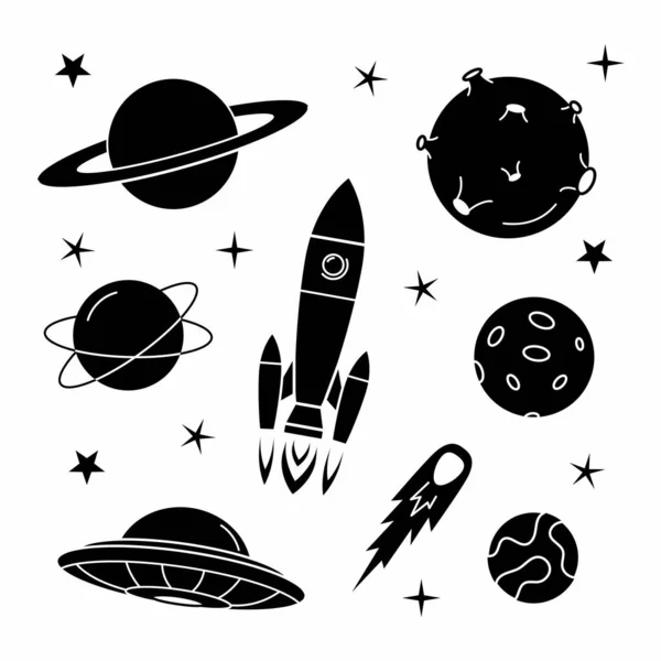 Conjunto Espacio Icono Negro Cohete Planetas Luna Cometa Planetas Satélite — Vector de stock