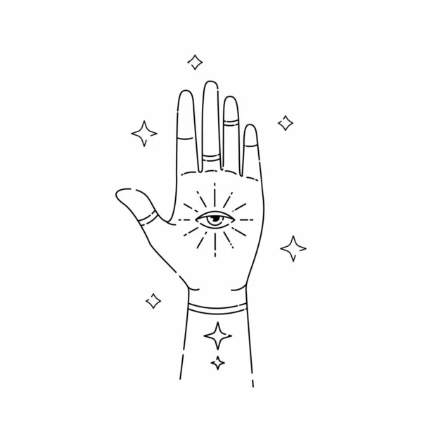 Mano Con Ojo Centro Símbolo Místico Celestial Brujería Esoterismo Magia — Vector de stock