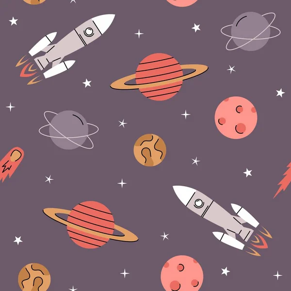 Space elements seamless pattern with rockets, planets, stars and comet. Cosmos background.  Vector retro illustration