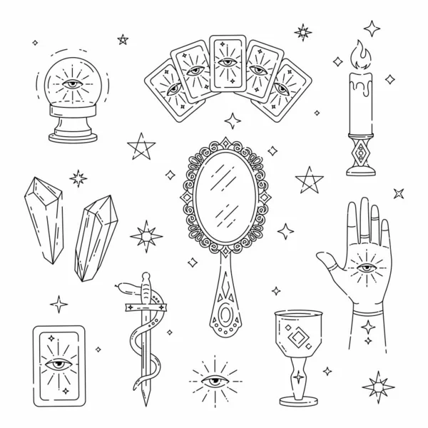 魔法のシンボル 魔女の入れ墨 タロットカードのセット クリスタルボール タロットカード キャンドル 剣とヘビ ゴブレットや星と手 黒の線画 Bohoのデザイン — ストックベクタ
