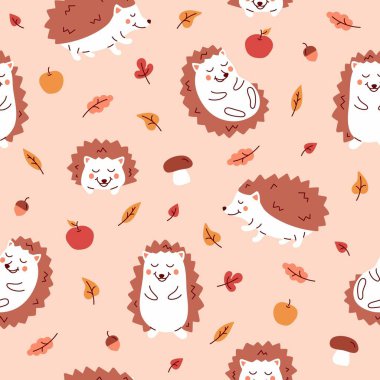 Kirpiler, elmalar, mantarlar ve dökülen yapraklarla renksiz desen. Sonbahar ormanlık hayvan geçmişi. Çocuklar için mükemmel kumaş baskısı, ambalaj kağıdı, albüm kağıdı ve diğer şeyler..