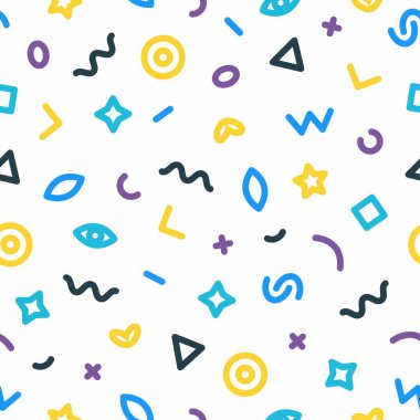 Memphis tarzı kusursuz bir model. Geometrik elementlerle soyut vektör çizimi, beyaz arkaplanda şekiller