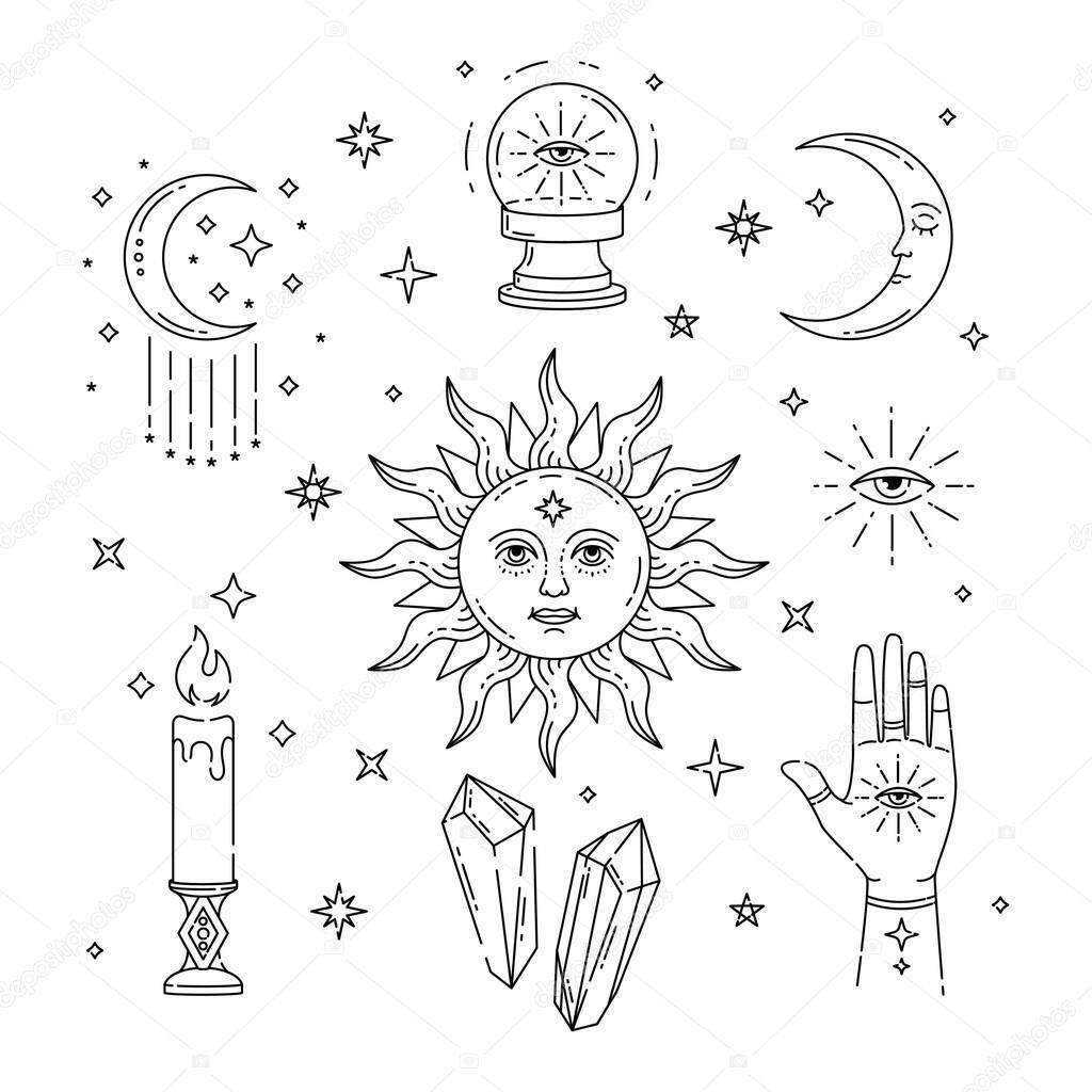 Celestial Magic outline illustration of icons and symbols of sun, moon, crystals, evil eye, witch hands. Set of Esoteric symbols, alchemy and witchcraft vector art.