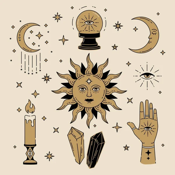 Celestial Magia Ouro Cor Ilustração Ícones Símbolos Sol Lua Cristais — Vetor de Stock