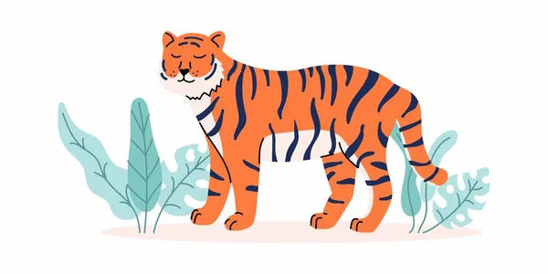 Tigre Con Las Hojas Exóticas Cartel Creativo Composición Camiseta Impresión — Archivo Imágenes Vectoriales