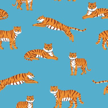 Mavi arka planda sevimli kaplanlar olan kusursuz bir model. Sirk hayvan şovu. Kaplan yılı. Modaya uygun kumaş tasarımı.